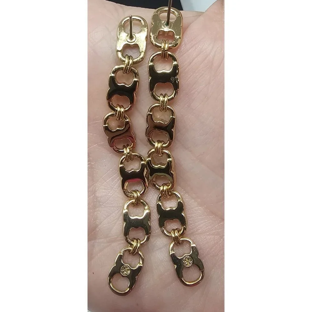 Tory Burch Drop Earrings Gold Tone Logo Gemini Chain Link Dangle Women’s 3